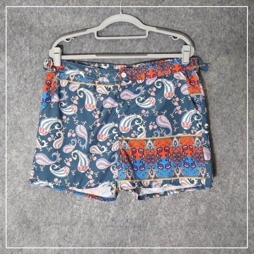 Boohoo Mens Swim Trunks Size 34 Blue Paisley Boho Mesh Liner Side Adjusters